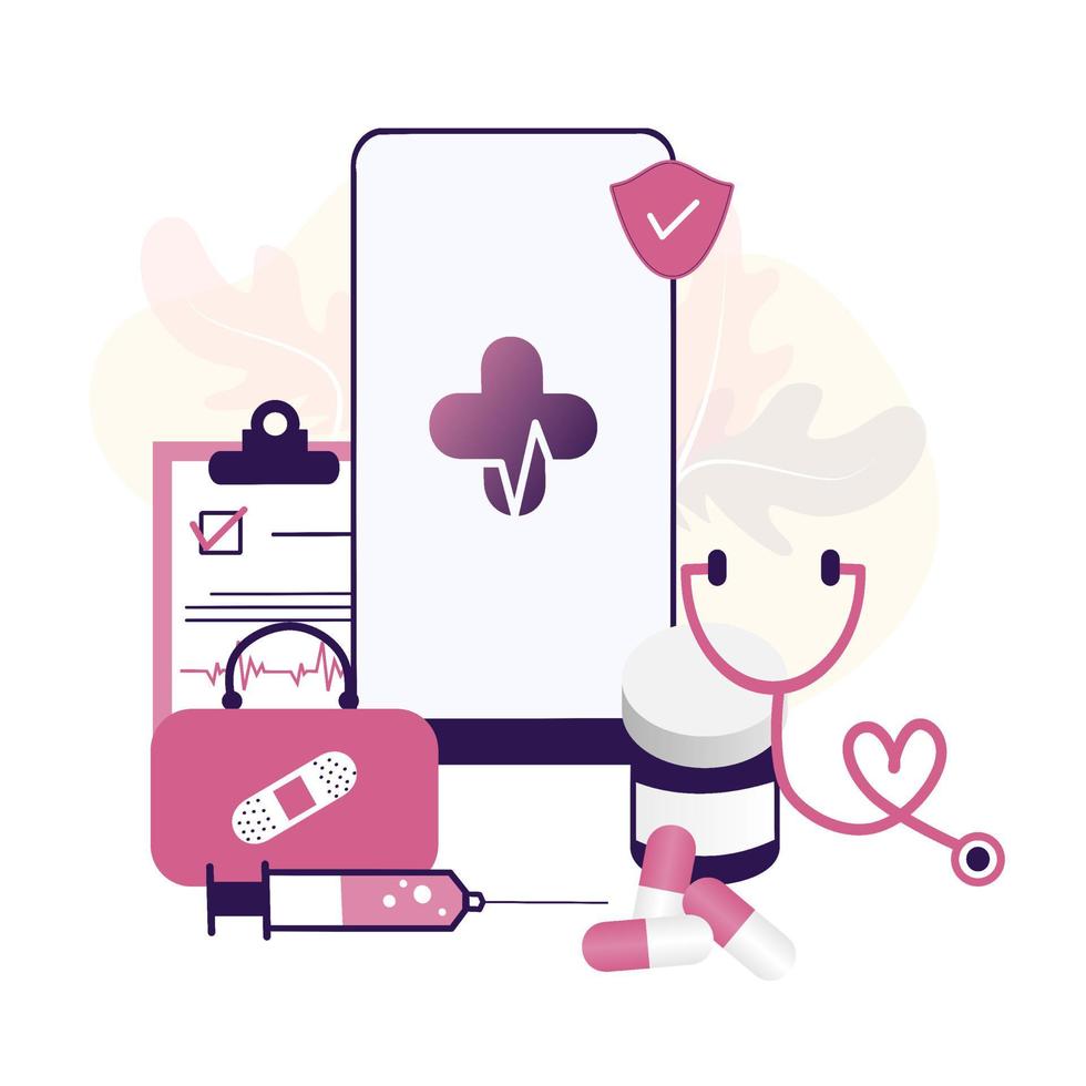 Online healthcare flat illustration. Online medical consultation and treatment via app smartphone or computer connected internet clinic. Online ask doctor consultation technology in mobile vector. vector