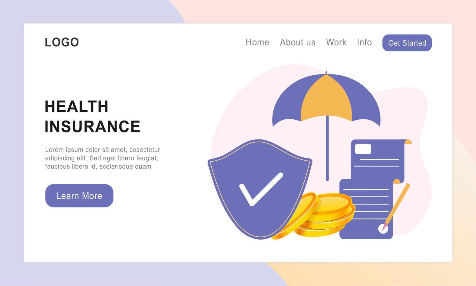 Landing page of health insurance. Concept of medical insurance and life insurance. Protection of health and life of people with document insurance. Healthcare, finance and medical service web design. vector