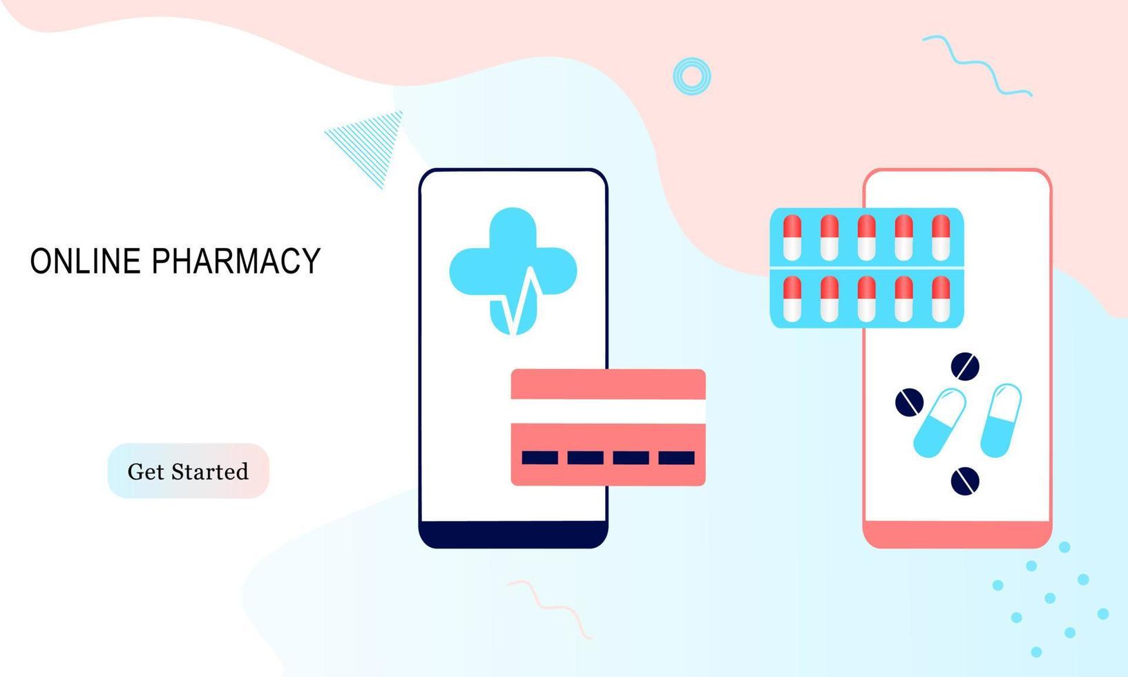 Landing page of Online pharmacy, healthcare, drugstore and e-commerce app concept. Vector of prescription drugs, first aid kit and medical supplies being sold online via web or smartphone application.