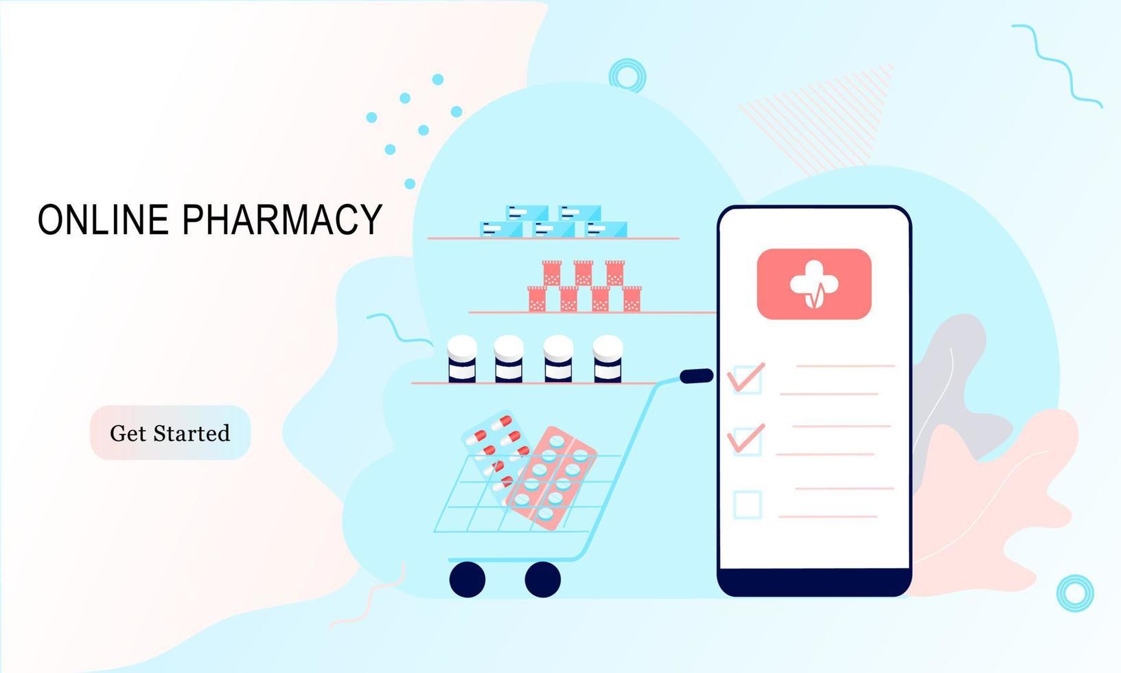 Landing page of Online pharmacy, healthcare, drugstore and e-commerce app concept. Vector of prescription drugs, first aid kit and medical supplies being sold online via web or smartphone application.