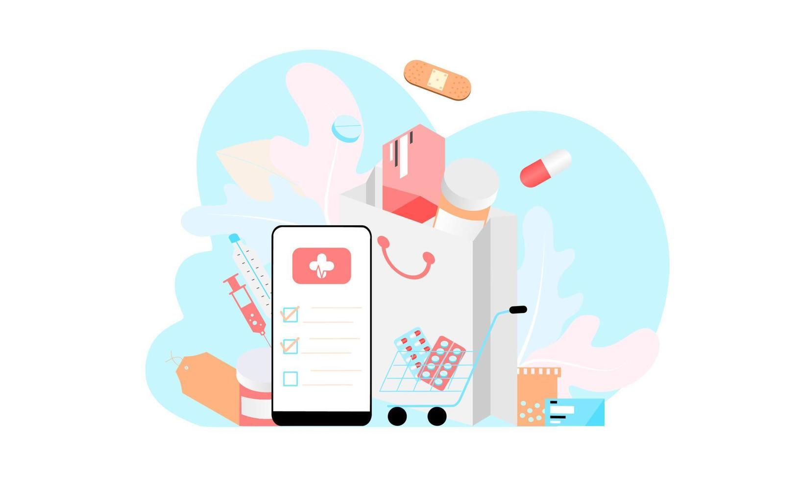 Landing page of Online pharmacy, healthcare, drugstore and ecommerce app concept. Vector of prescription drugs, first aid kit and medical supplies being sold via computer web or smartphone application