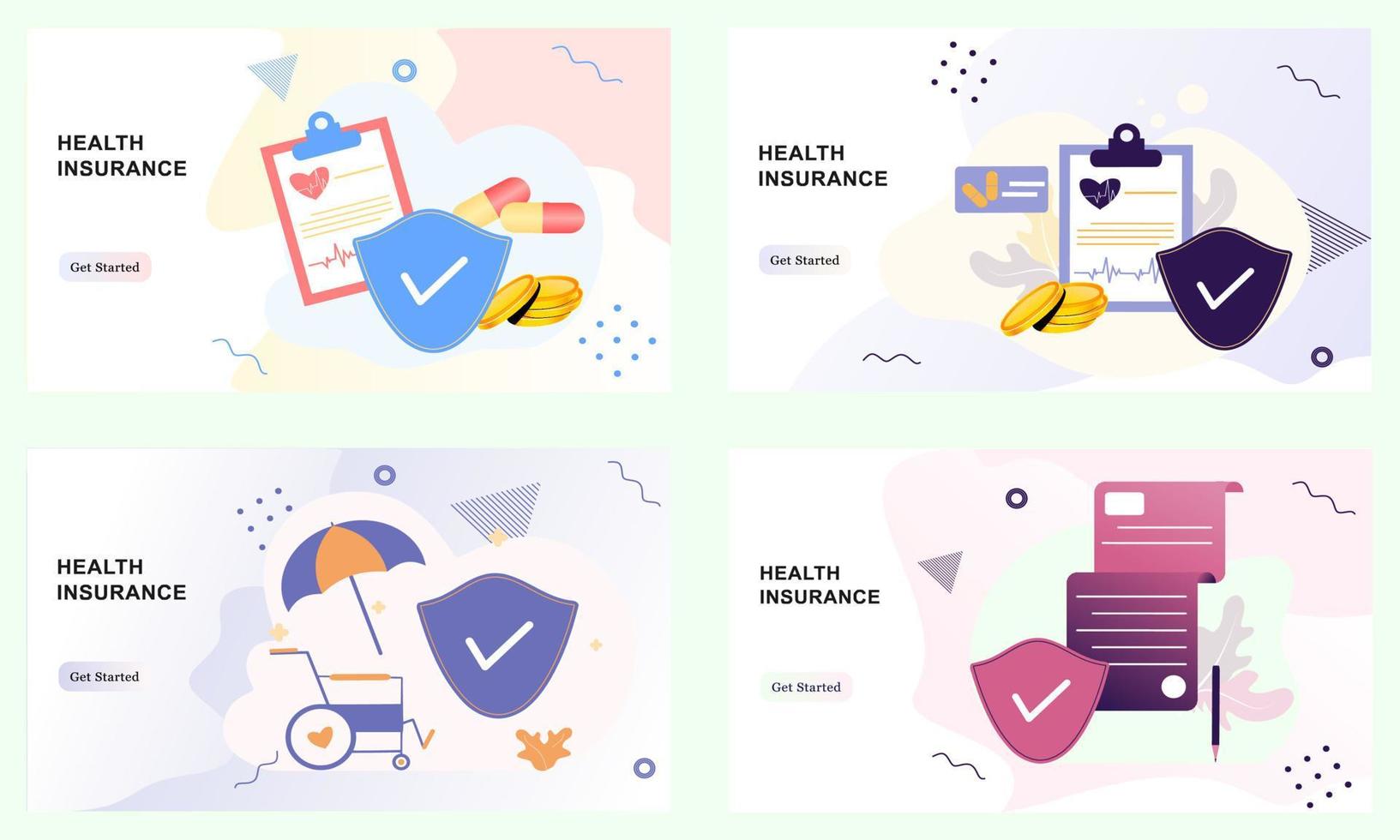 páginas de destino de seguros médicos. concepto de seguro médico y seguro de vida. protección de la salud y la vida de las personas con seguro documental. diseño web de servicios sanitarios, financieros y médicos. vector