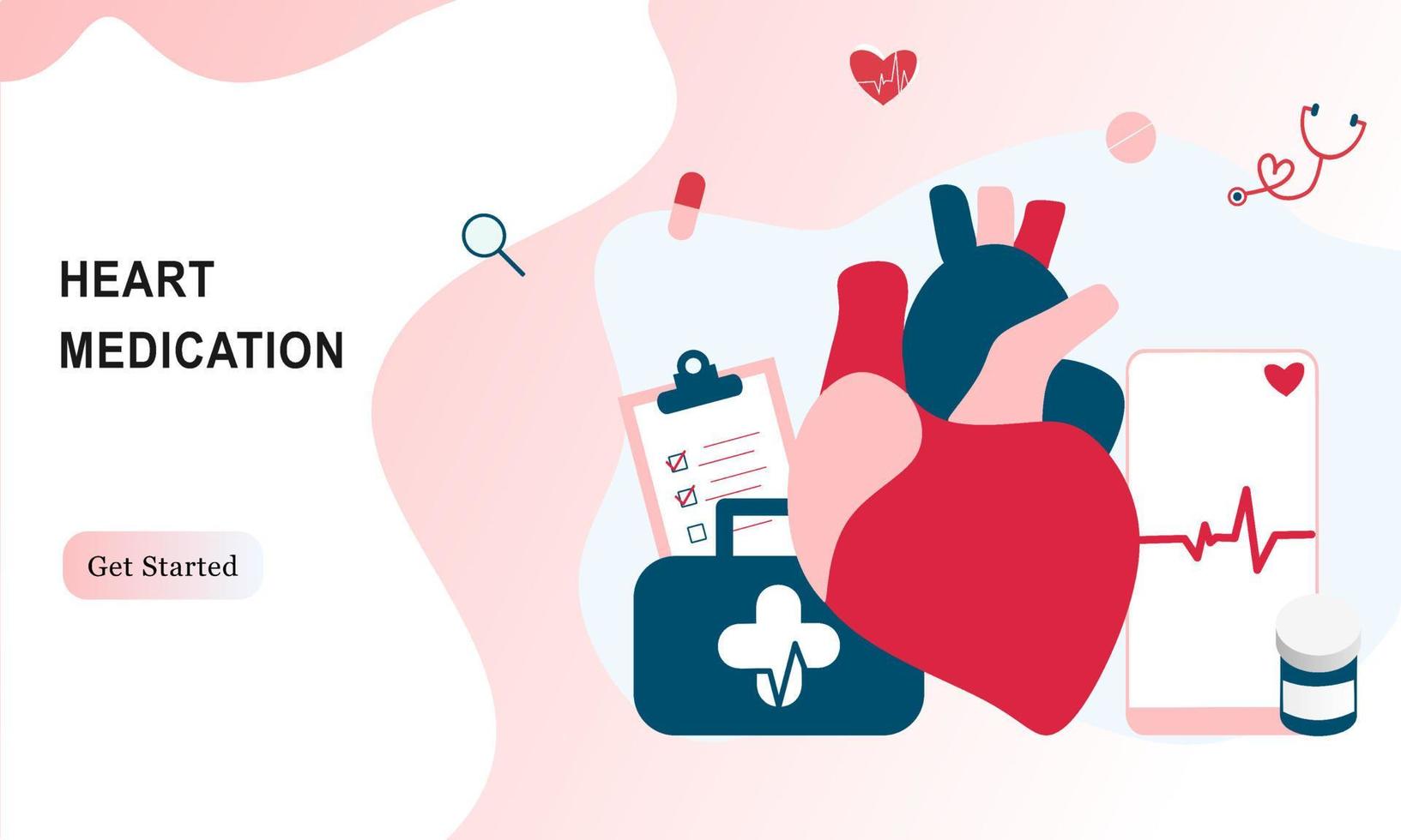 Landing page of modern heart medication, heart disease research concept. Studying heart model, drugs and heartbeat diagram. Vector illustration cardiovascular system, cholesterol, medical examination.