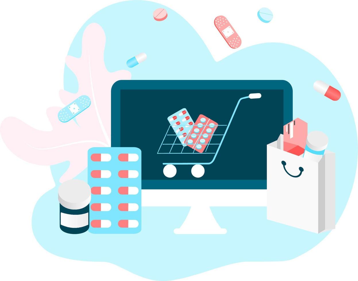 Landing page of Online pharmacy, healthcare, drugstore and ecommerce app concept. Vector of prescription drugs, first aid kit and medical supplies being sold via computer web or smartphone application