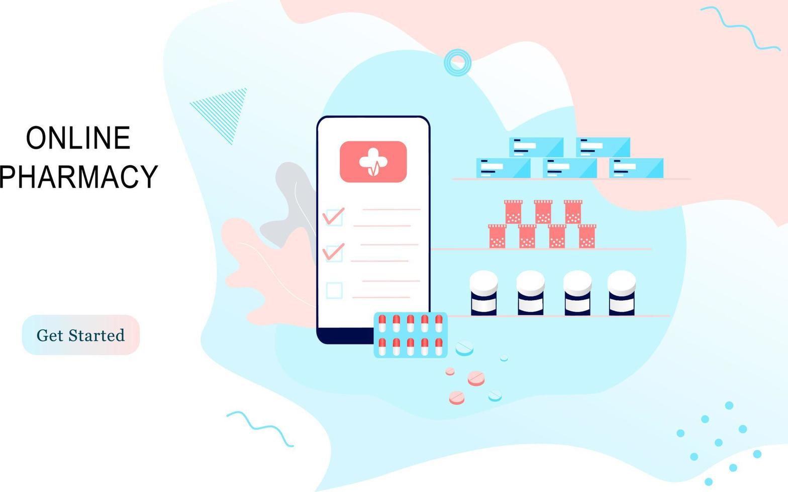Landing page of Online pharmacy, healthcare, drugstore and e-commerce app concept. Vector of prescription drugs, first aid kit and medical supplies being sold online via web or smartphone application.