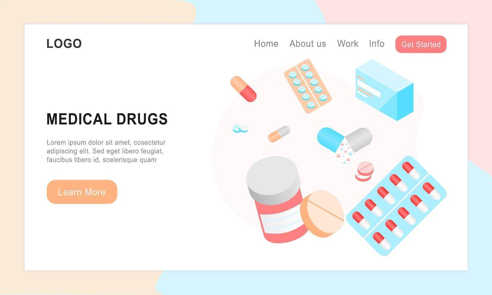 Medical drugs landing page. Medical support and drugs addiction concept, medicine pills and capsules. Vector illustration pharmacy store web page app for patient support and online sale products.