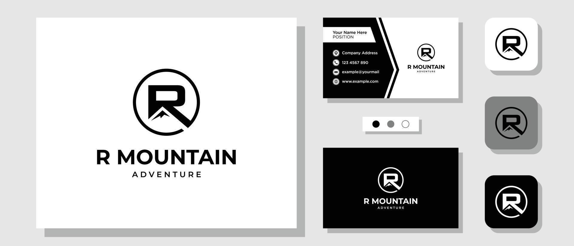 Letra inicial r montaña senderismo paisaje de aventura diseño de logotipo con plantilla de tarjeta de visita vector