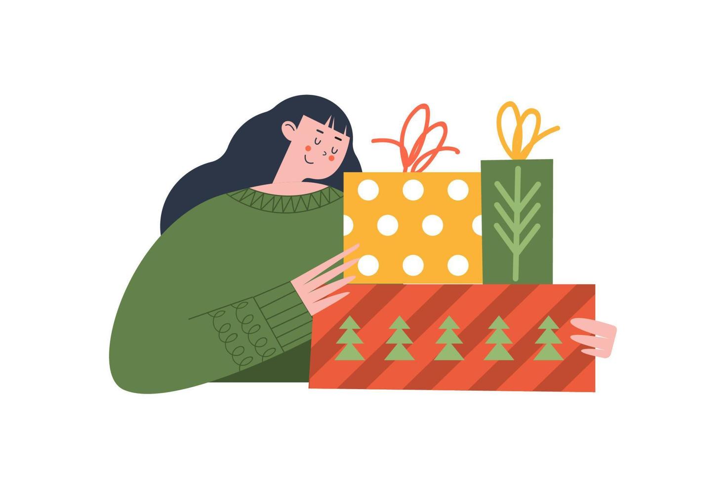 A cute girl with New Year's gifts. Festive cozy vector illustration.