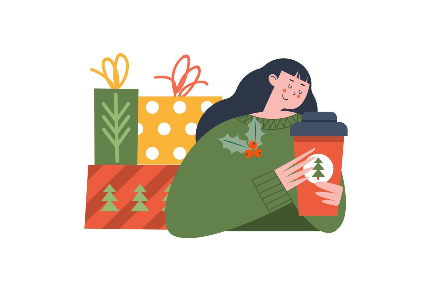 A cute girl with Christmas gifts and a glass of hot drink. Vector illustration.