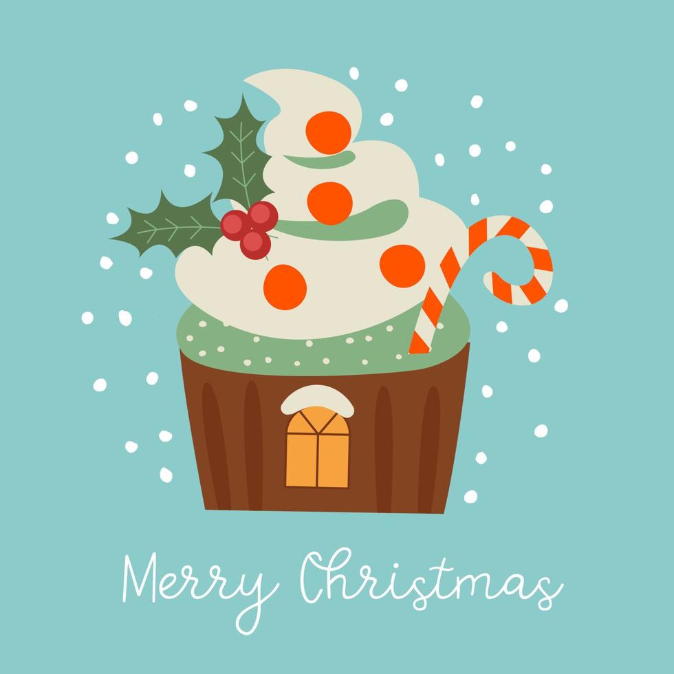 Merry Christmas and Happy New Year. Vector illustration with cute sweets. A template for a greeting card, a Christmas poster.
