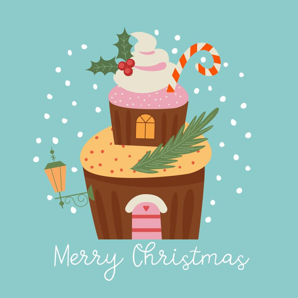 Merry Christmas and Happy New Year. Vector illustration with cute sweets. A template for a greeting card, a Christmas poster.