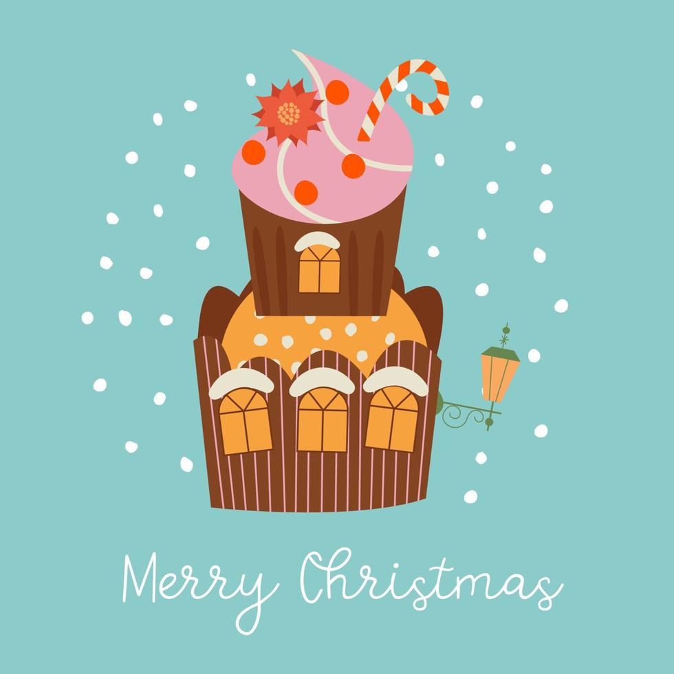 Merry Christmas and Happy New Year. Vector illustration with cute sweets. A template for a greeting card, a Christmas poster.