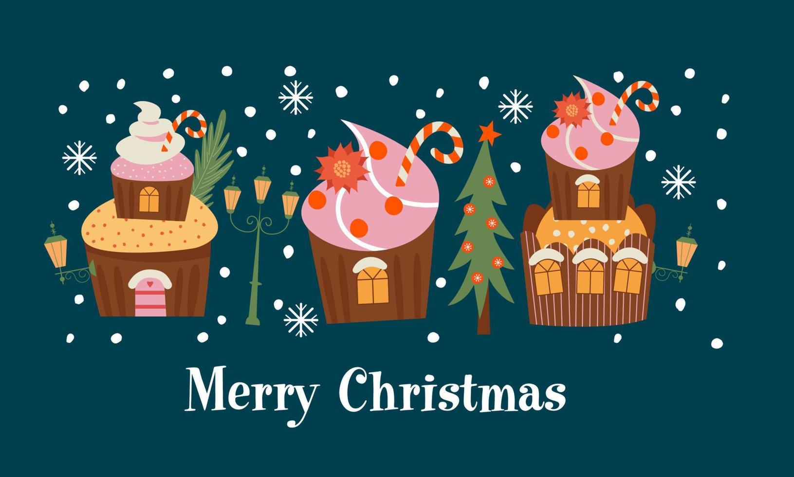 Merry Christmas and Happy New Year. Vector illustration with cute sweets. A template for a greeting card, a Christmas poster.