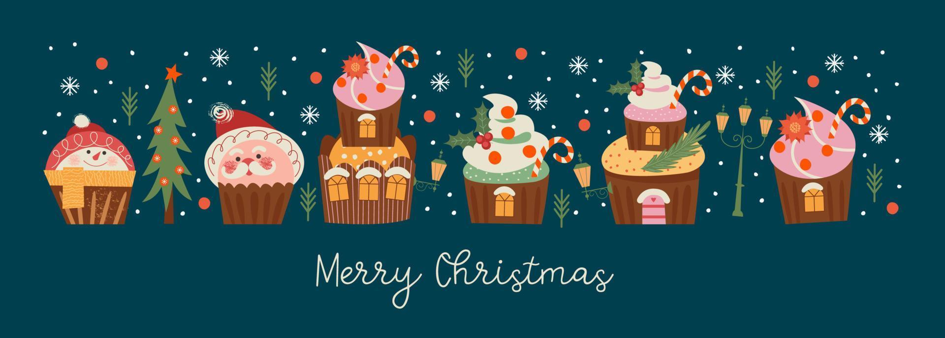 Merry Christmas and Happy New Year. Vector illustration with cute sweets. A template for a greeting card, a Christmas poster.