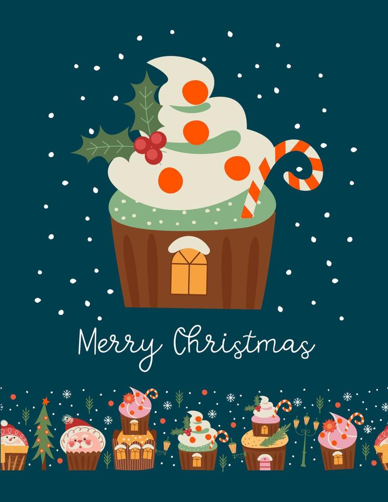 Merry Christmas and Happy New Year. Vector illustration with cute sweets. A template for a greeting card, a Christmas poster.