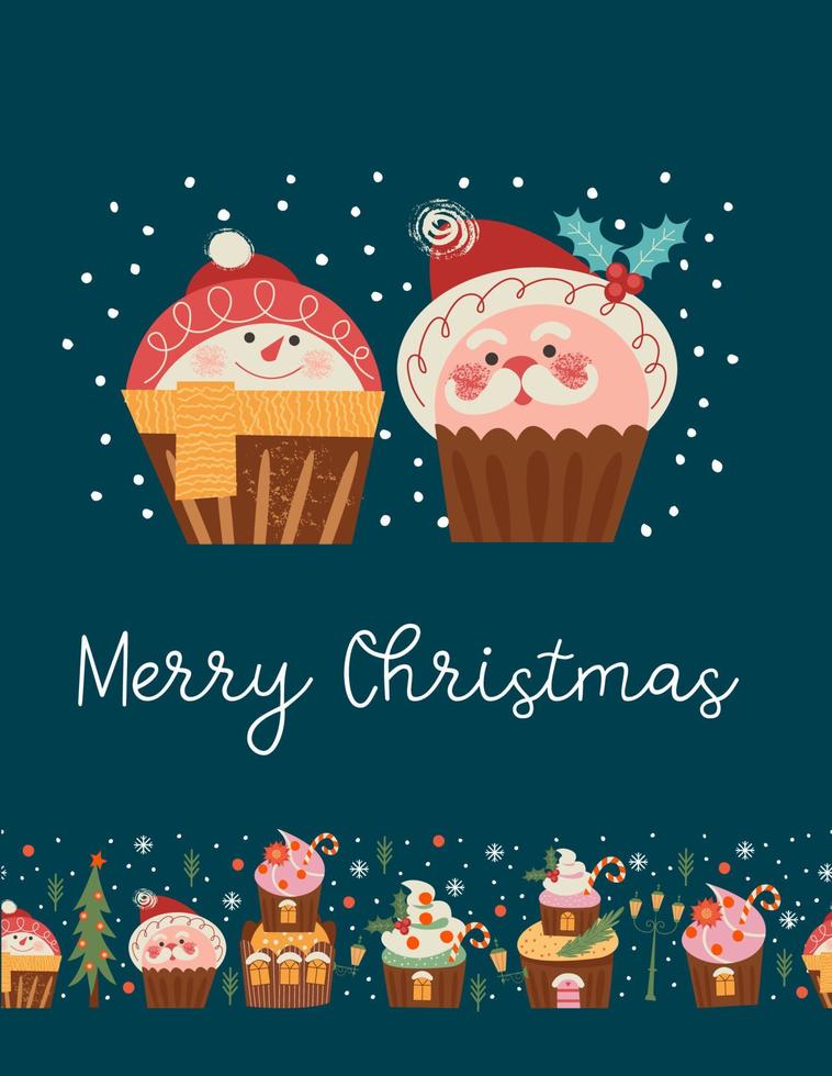 Merry Christmas and Happy New Year. Vector illustration with cute sweets. A template for a greeting card, a Christmas poster.