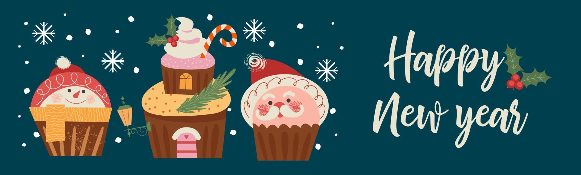 Merry Christmas and Happy New Year. Vector illustration with cute sweets. A template for a greeting card, a Christmas poster.