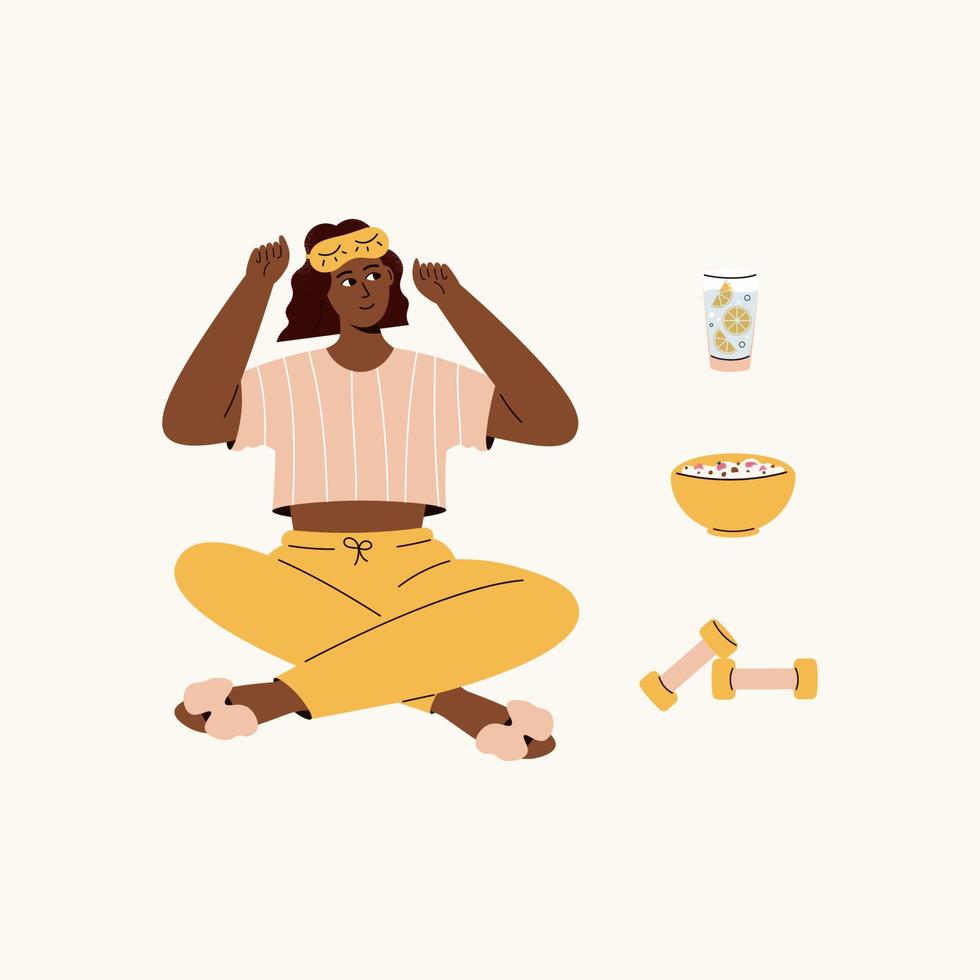 linda chica afroamericana con antifaz para dormir y elementos para la rutina matutina agua de limón, pesas, muesli. cosa de niña sobre cómo empezar el día. mujer en pijama lindo. vector