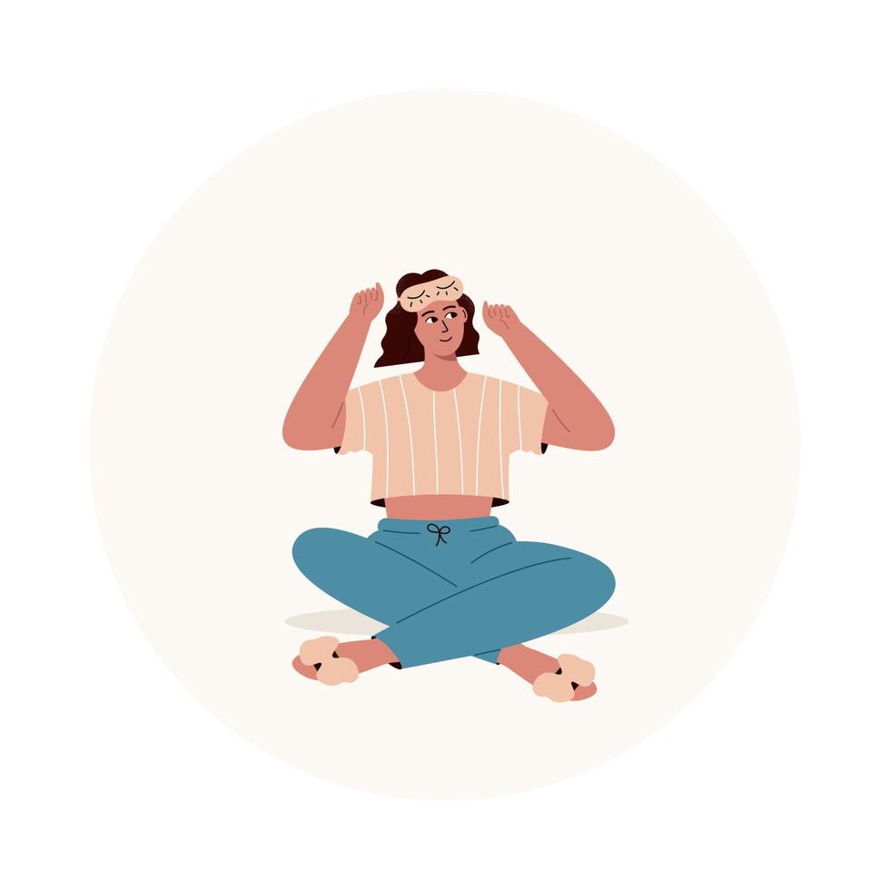 Beautiful caucasian woman with sleeping mask. Beautiful young girl. Girl after waking up. Good morning. Cute woman character waking up. White background. vector