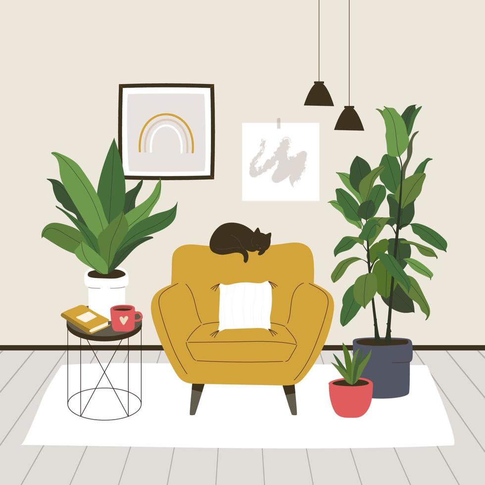 concepto de ilustración de sala de estar acogedora de estilo boho vector