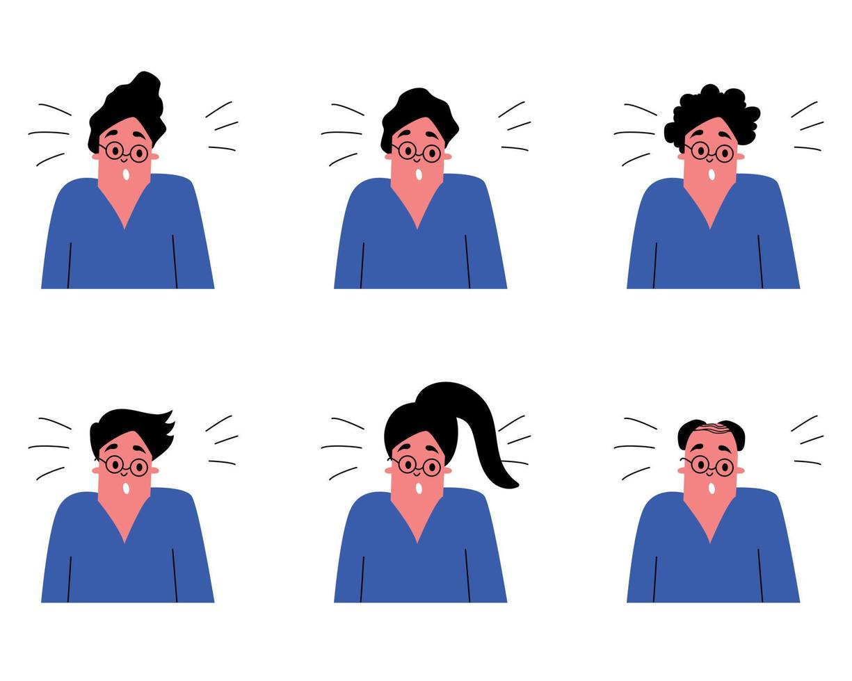 Vector set of men and women with surprise on their faces. Surprised people, expressions of emotions. Surprised avatar