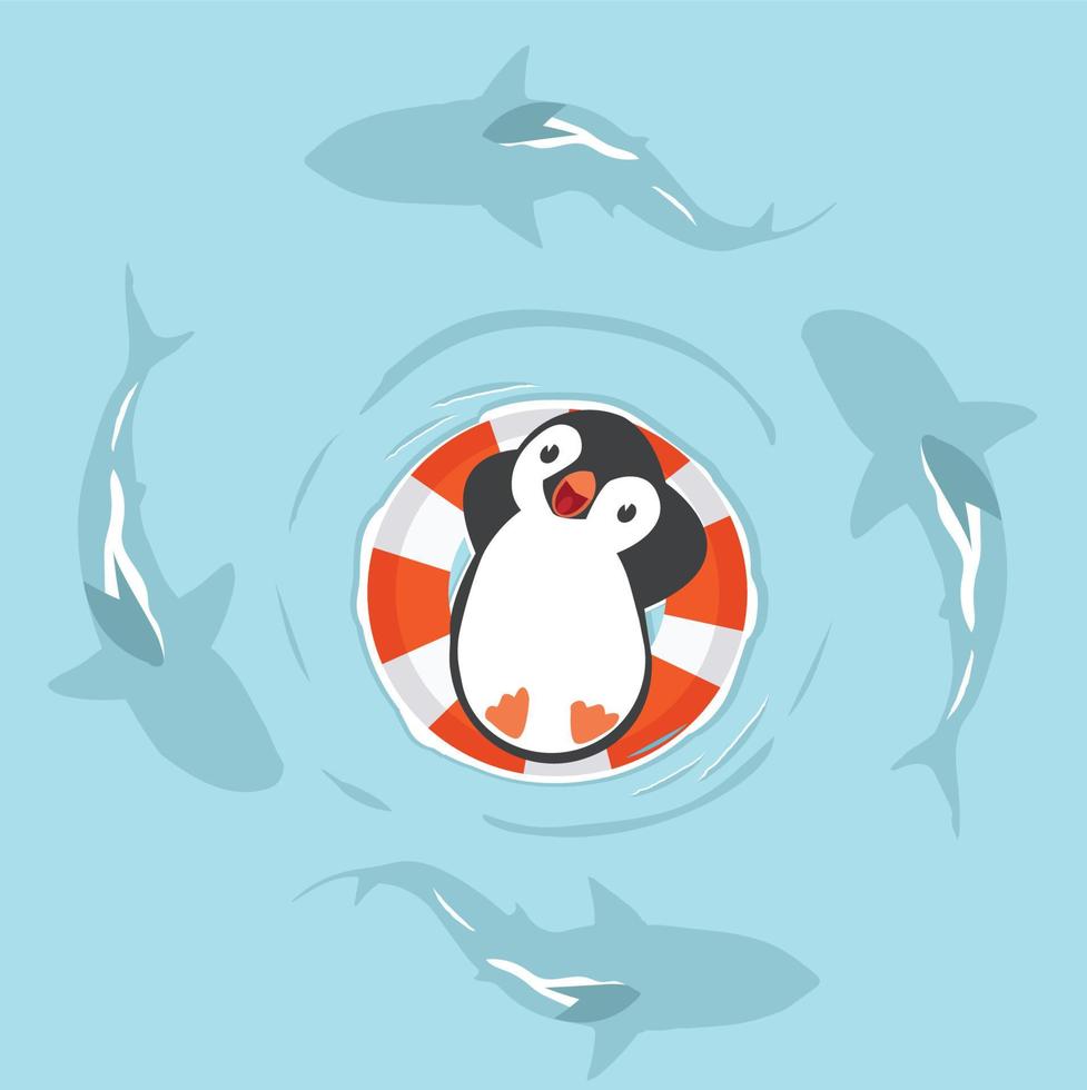 pingüino nadando con tiburones en el mar vector