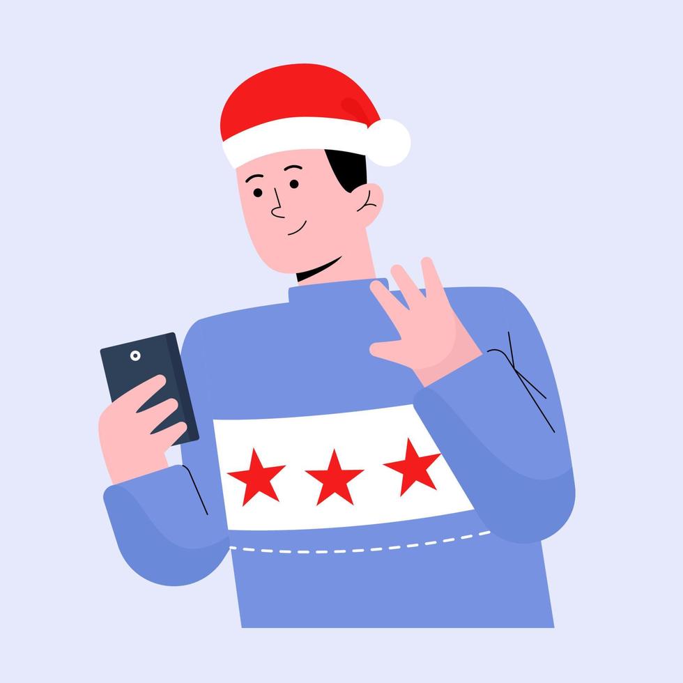 Hombre feliz saludando mientras videollamada a través de teléfonos inteligentes en Navidad vector