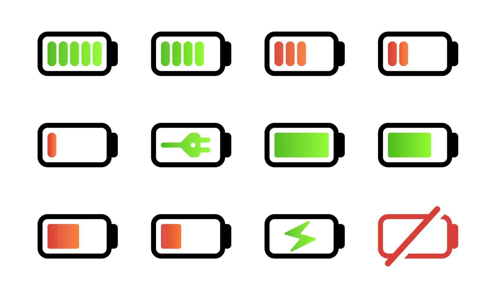 Vector illustration of battery level icon set. Suitable for design element of battery percentage notification, power storage information, and battery capacity indicator.