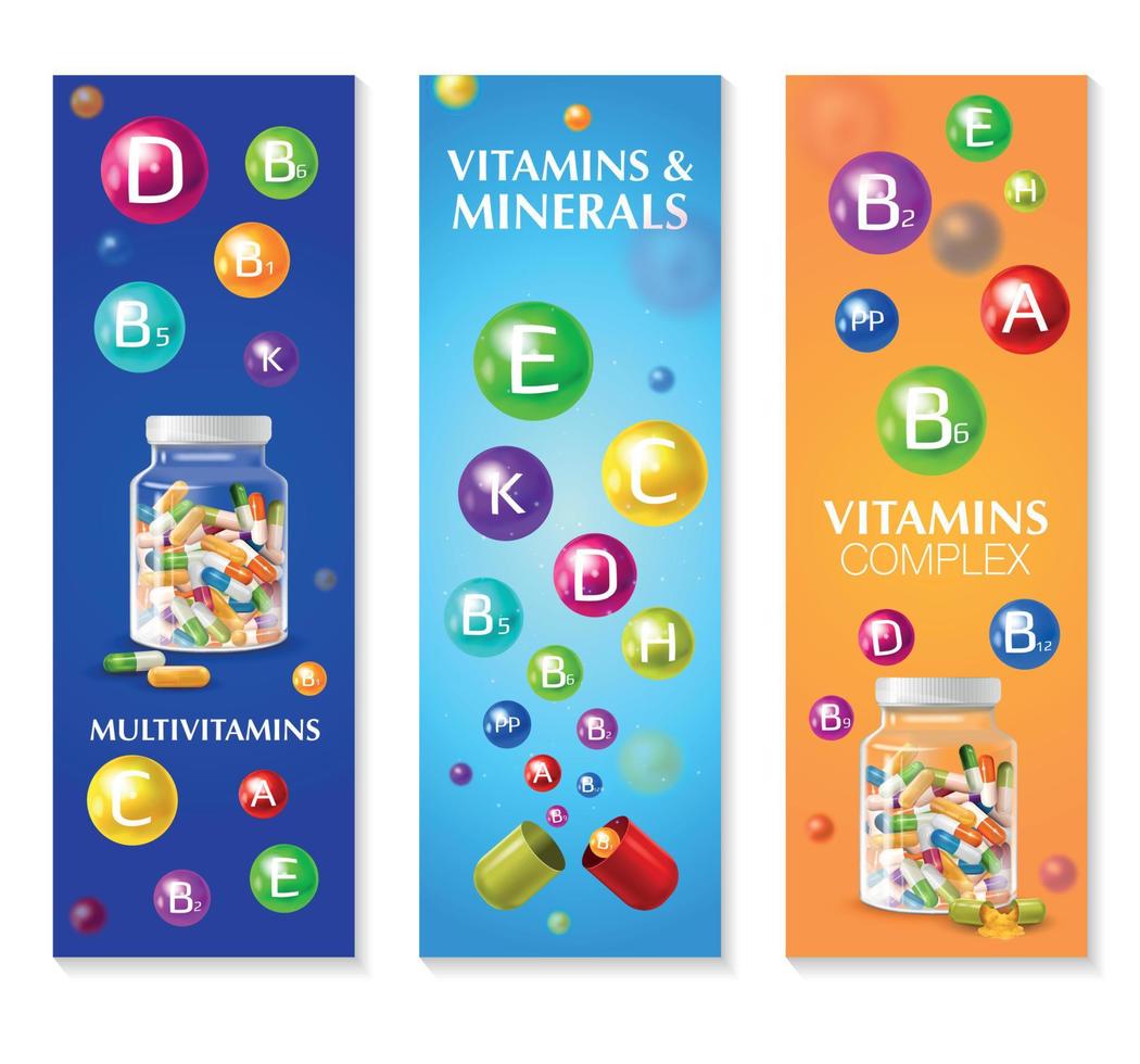 Banners verticales de vitaminas minerales. vector