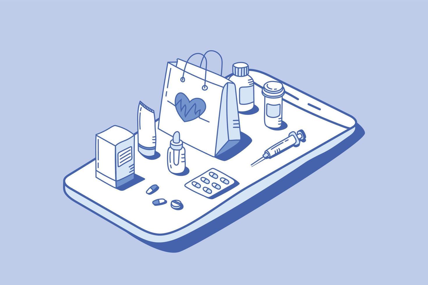 online pharmacy order ecommerce concept with outline isometric style vector