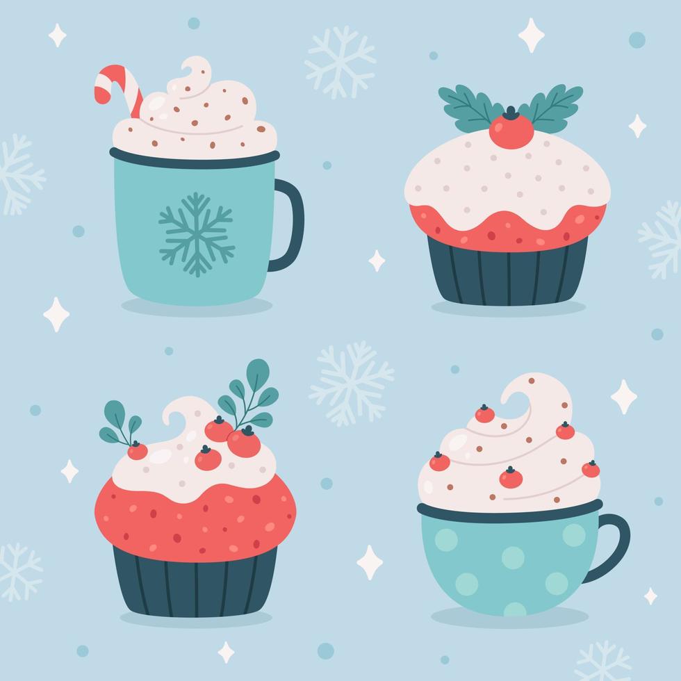 Christmas hot drink with cupcakes. Christmas sweets. vector