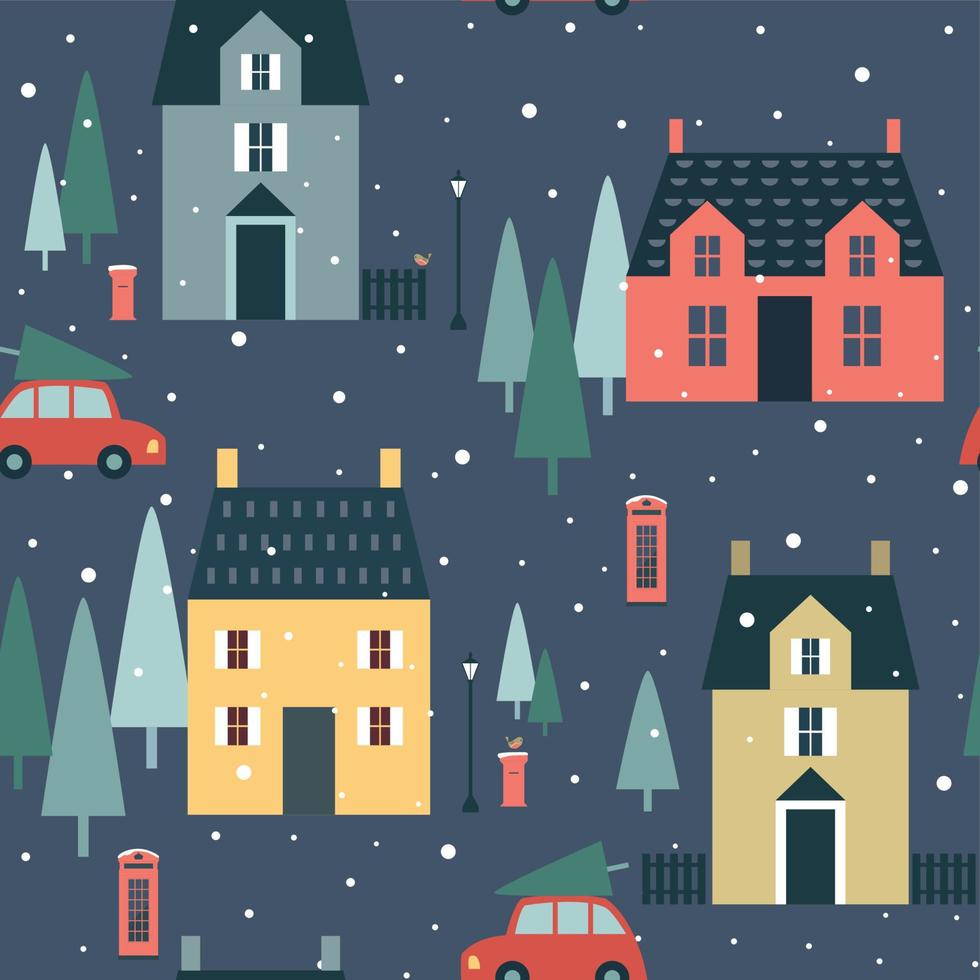 navidad, seamless, patrón, con, inglés, pueblo, árboles, coches vector