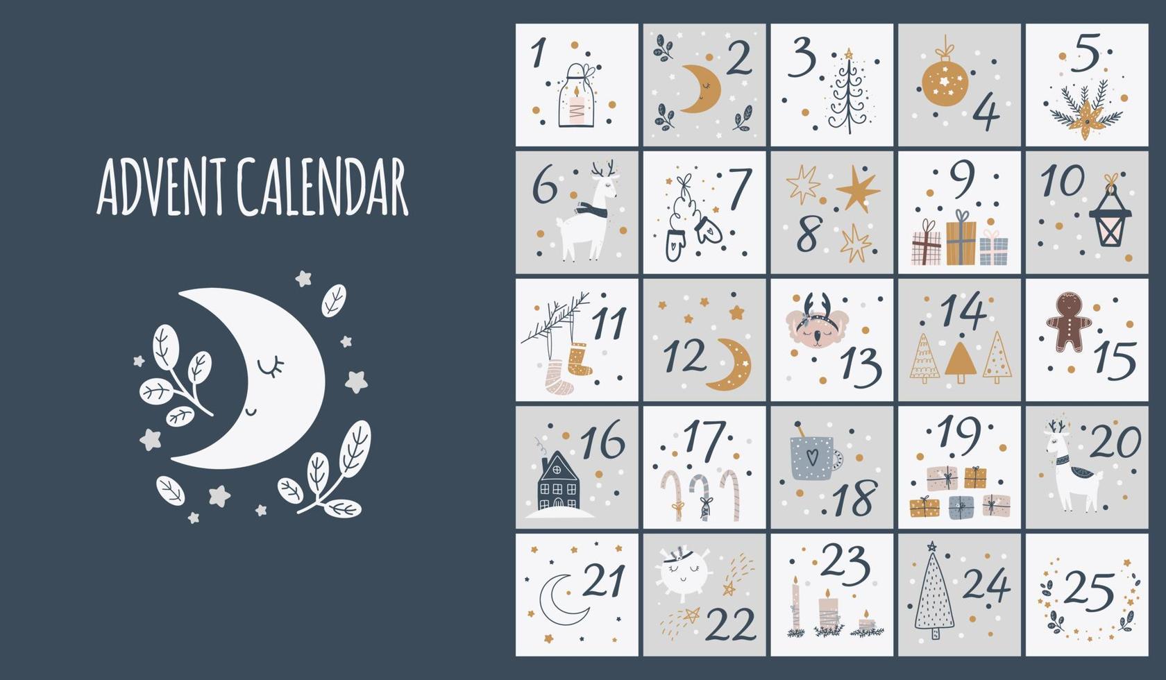 Calendario de adviento. cartel de navidad. números de navidad. alegría letras divertidas formas geométricas concepto festivo números de calendario plantillas vectoriales recientes para carteles de celebración. vector