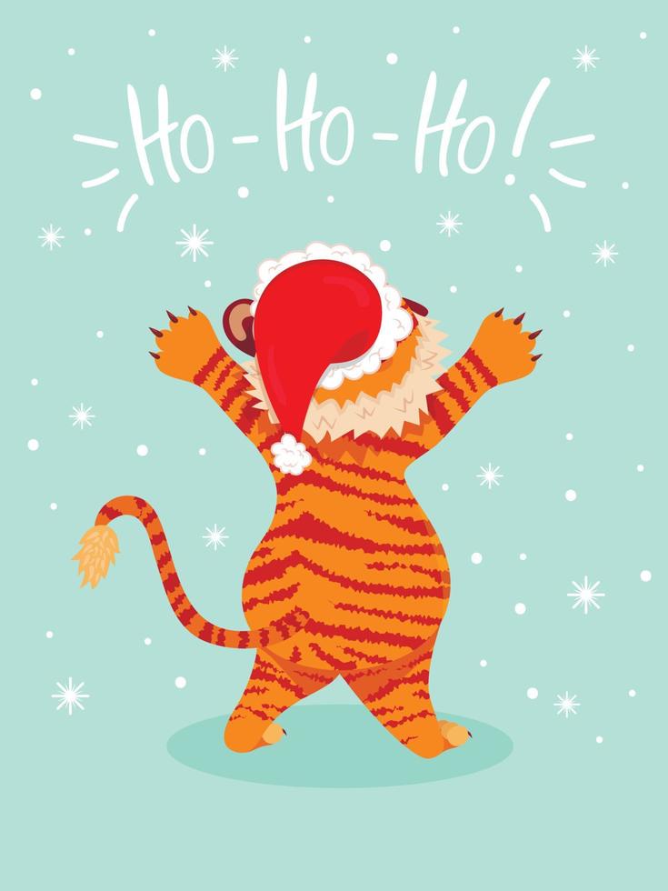 tarjeta de felicitación con la inscripción "be joy with a cute tiger", el símbolo del año nuevo chino. estilo plano. tigre con sombrero navideño guiña un ojo, envuelto en una guirnalda, vector