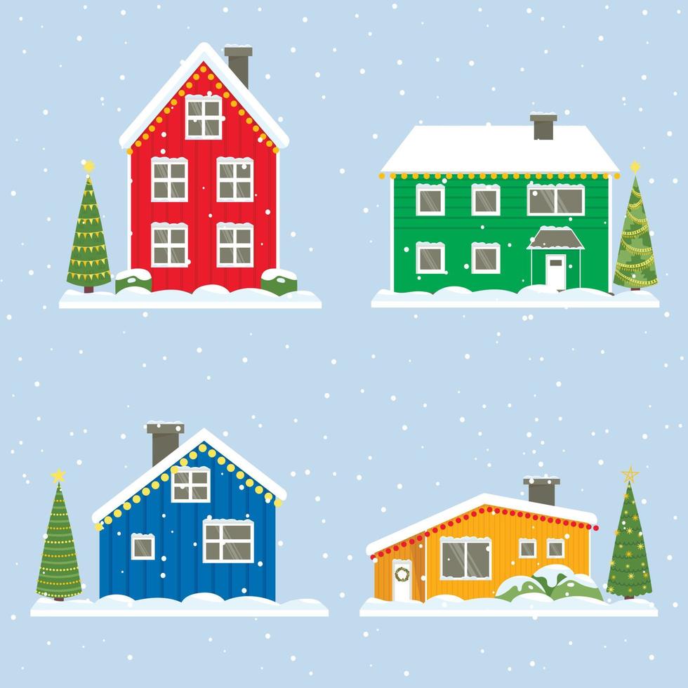 conjunto de casas de colores. rojo, naranja, verde, azul hogar de los habitantes de groenlandia, islandia, polo norte, holanda. techo y ventanas cubiertos de nieve, exterior de año nuevo. arbol de navidad en el patio vector