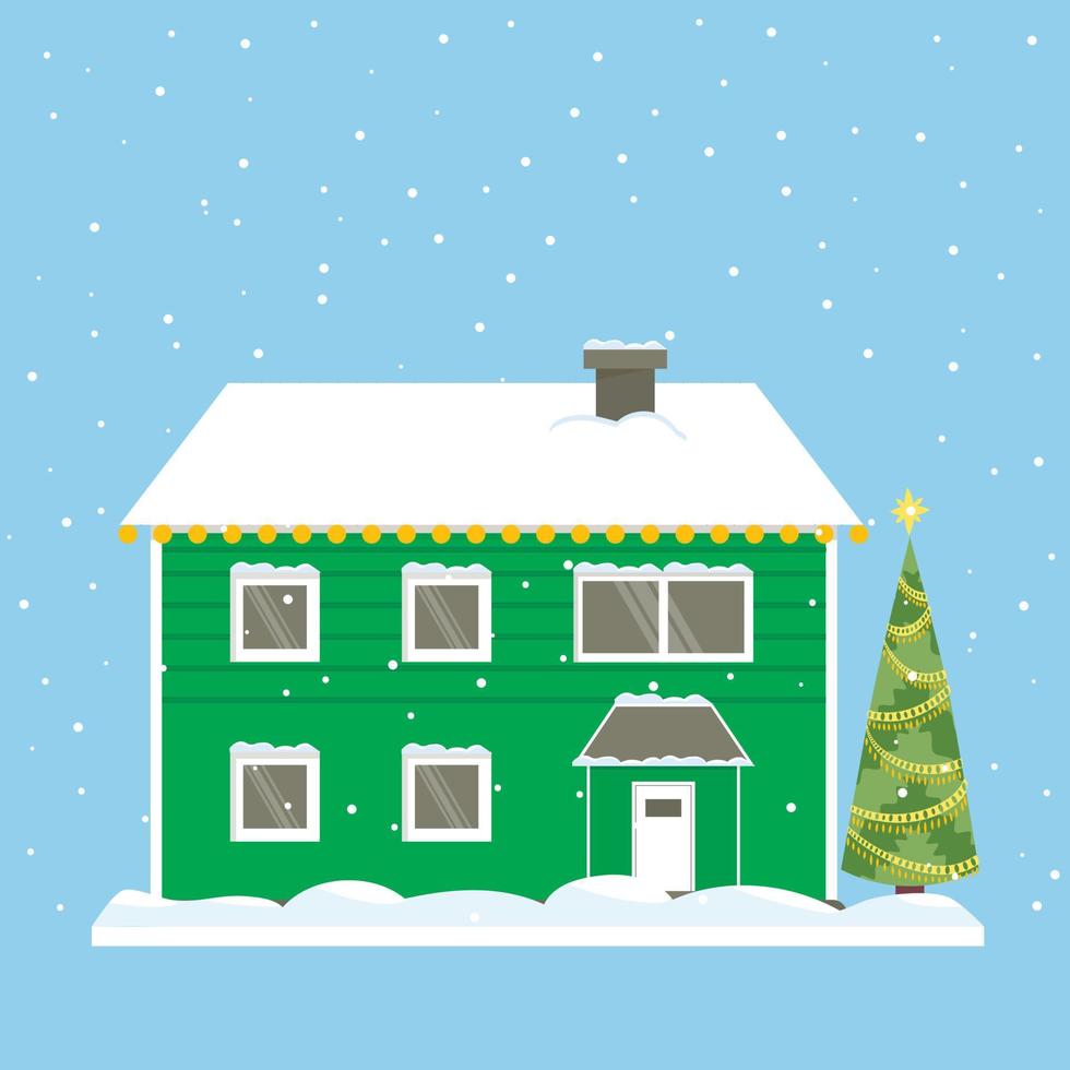 Green two-story house. home of Greenland, Iceland, North Pole, Holland. Snow-covered roof and windows, New Year's exterior. christmas tree in the yard vector
