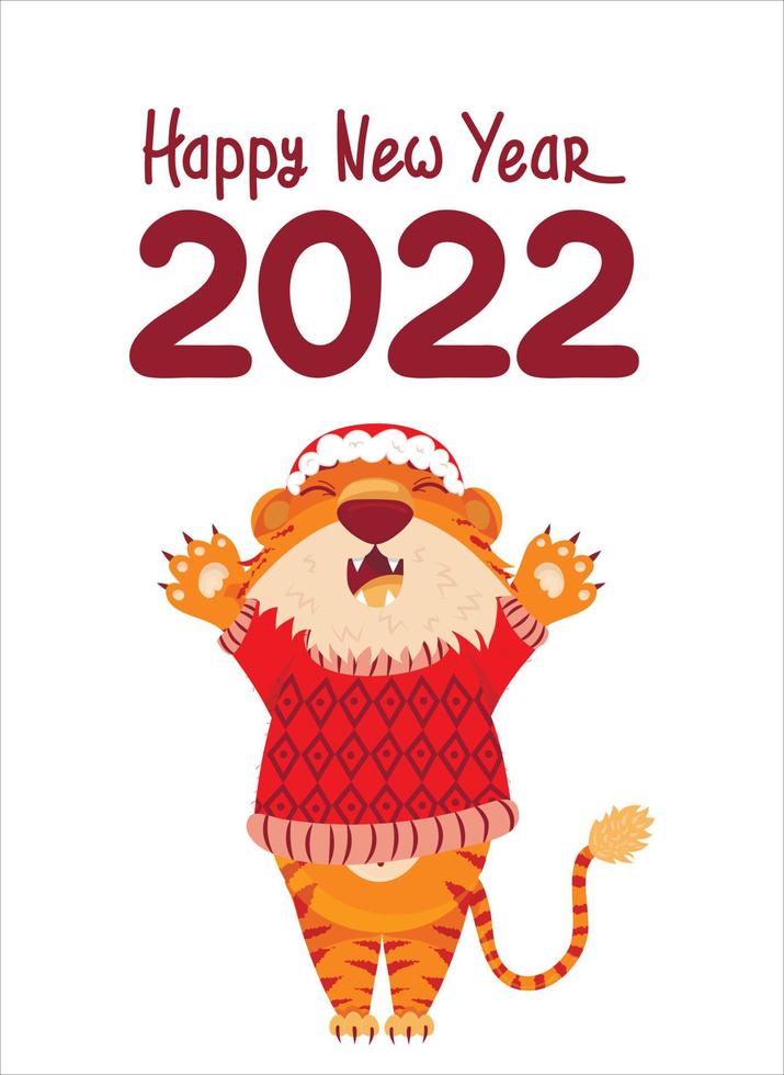 tarjeta de año nuevo de feliz año nuevo chino del tigre 2022. un tigre con sombrero de año nuevo, levantó las patas, echó la cabeza hacia atrás y gritó. estilo de dibujos animados plana vector