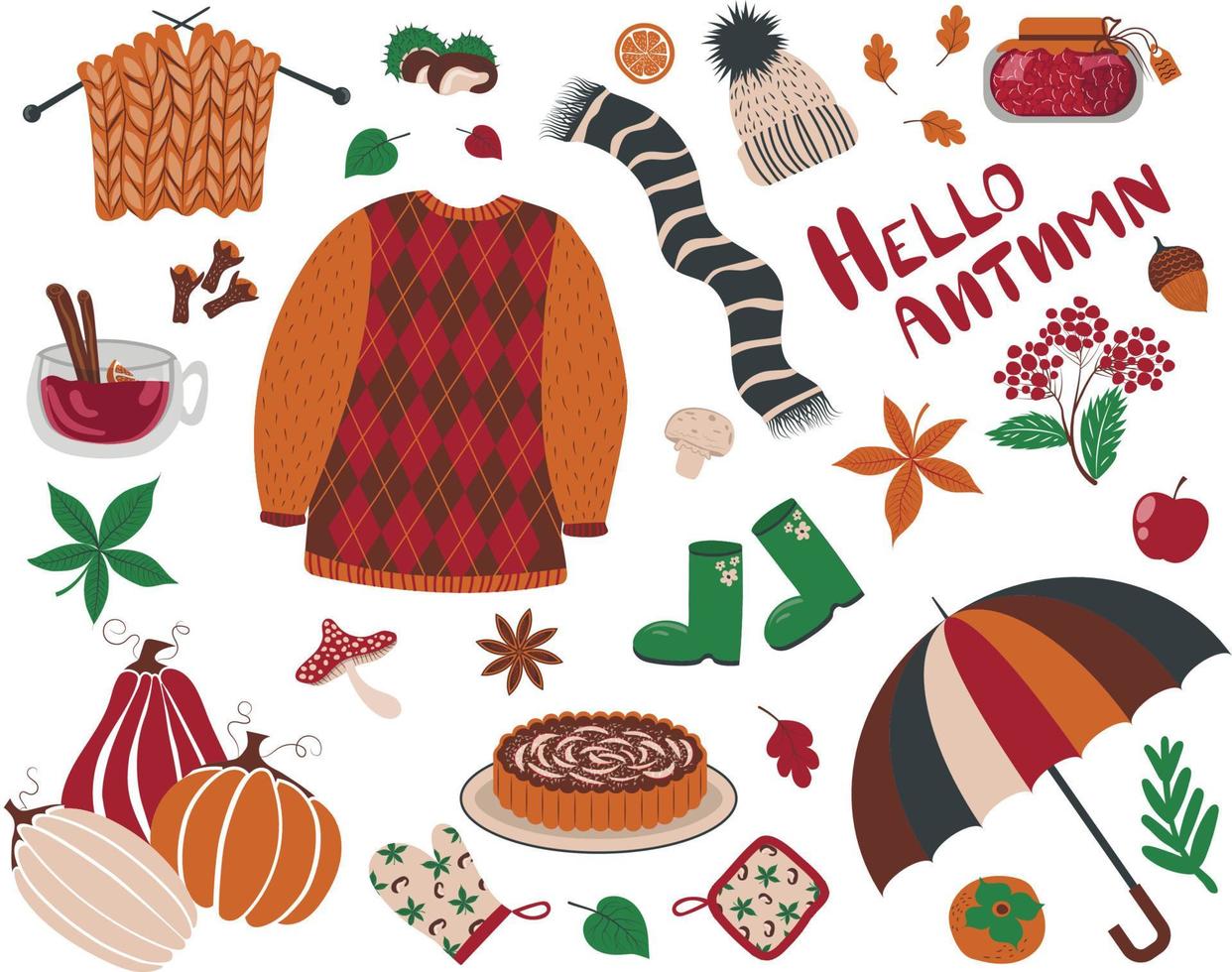 set with the inscription Hello Autumn. Sweater, umbrella, pumpkins, chestnut, leaves, oak, acorn, jam, tea, mulled wine, scarf, hat, rubber boots, mountain ash, apple pie charlotte, oven mitts vector