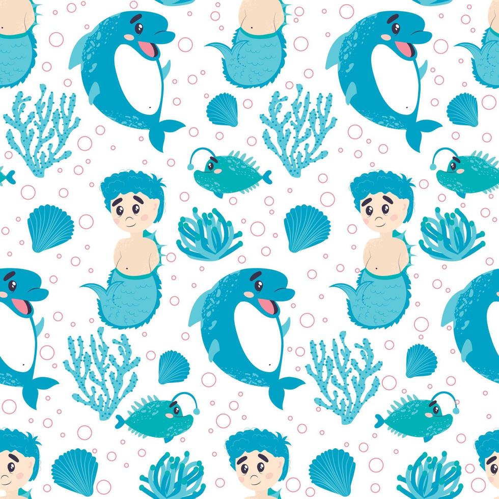 pattern cartoon cute dolphin mermaid boy vector