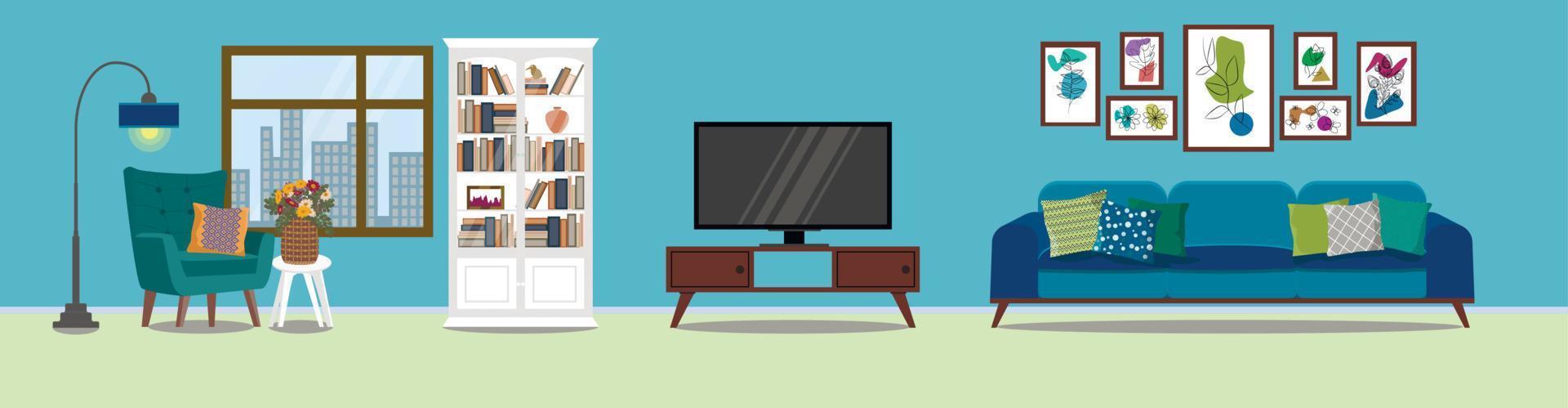 LiviLiving room interior. Comfortable sofa, TV, window, chair, posters, bookcase, game console, flowers in a basket on the nightstand and a floor lamp. Vector flat illustration