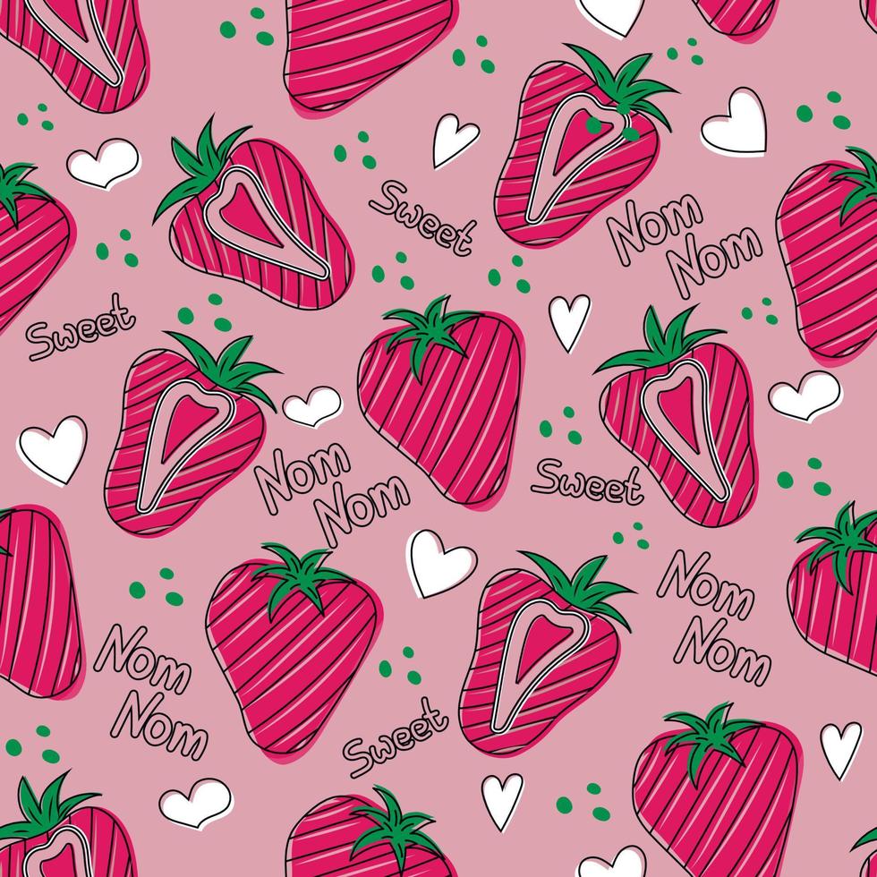 Hand drawn strawberry seamless vector pattern. Pink strawberries and green leaves with black doodle stroke and the inscriptions sweet nom and hearts on pink background