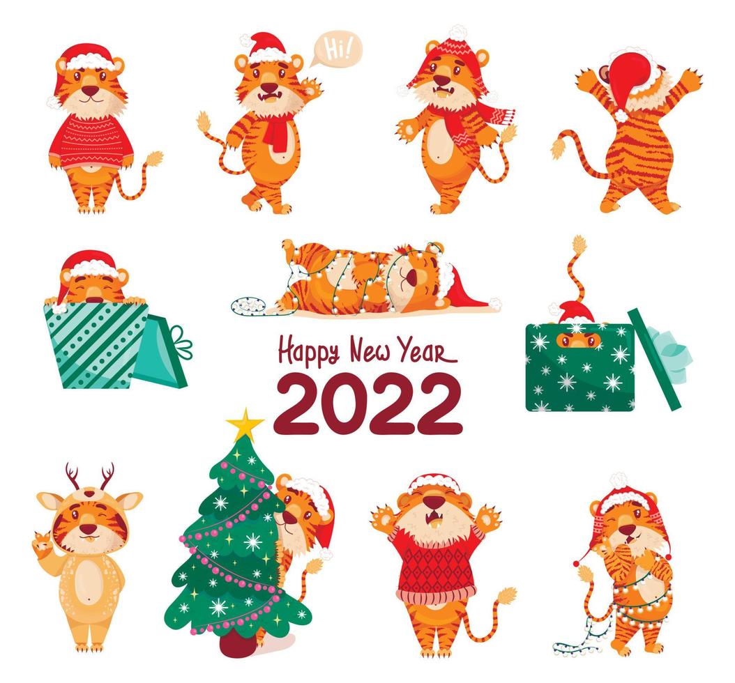 tigre lindo. tigres chinos de colores, símbolo del año nuevo 2022, conjunto de dibujos animados planos vectoriales. animal 2022, depredador asiático, bestia de la selva. sombrero de santa, árbol de navidad, una guirnalda, duerme, se regocija, feliz año nuevo vector