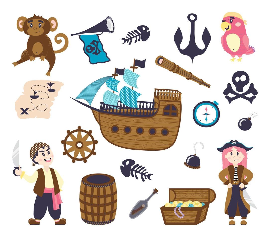 A set of pirate items, ship, jolly roger, skull with bones, fish skeleton, spyglass, compass, steering wheel, hook, bomb, smoking pipe, skull with algae, fanfare, bottle with a map. cartoon flat style vector