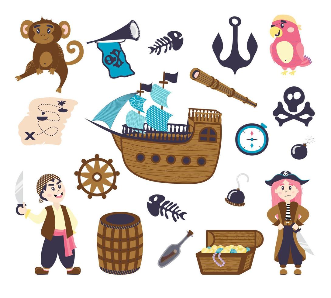 un conjunto de artículos piratas, barco, jolly roger, calavera con huesos, esqueleto de pez, catalejo, brújula, volante, gancho, bomba, pipa humeante, calavera con algas, fanfarria, botella con mapa. estilo plano de dibujos animados vector