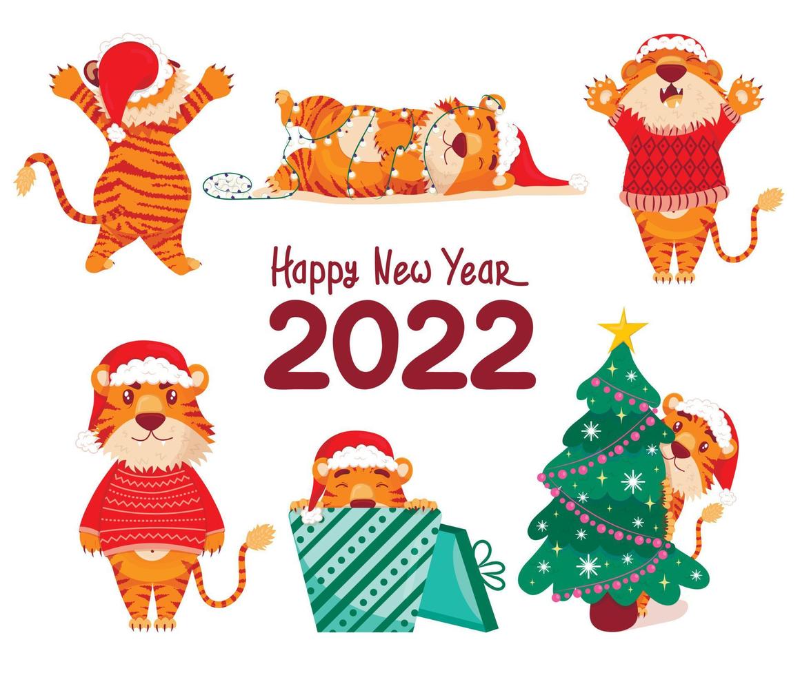 tigre lindo. tigres chinos de colores, símbolo del año nuevo 2022, conjunto de dibujos animados planos vectoriales. animal 2022, depredador asiático, bestia de la selva. sombrero de santa, árbol de navidad, una guirnalda, duerme, se regocija, feliz año nuevo vector