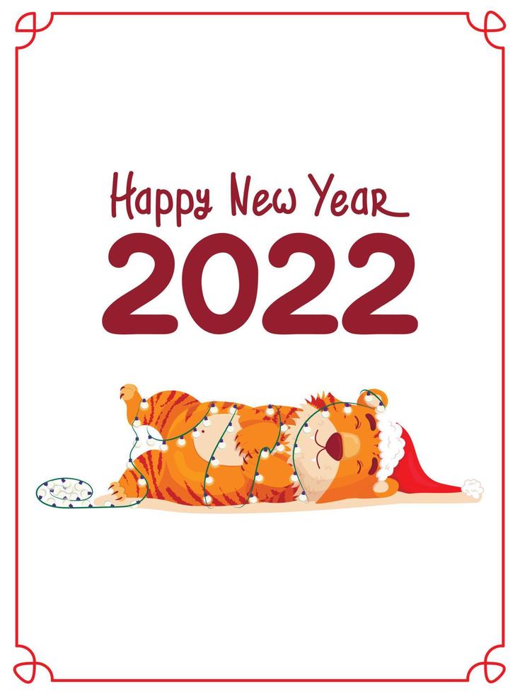 tarjeta de año nuevo de feliz año nuevo del tigre 2022. tigre chino con un sombrero de año nuevo envuelto en una guirnalda yace y duerme. estilo de dibujos animados plana vector