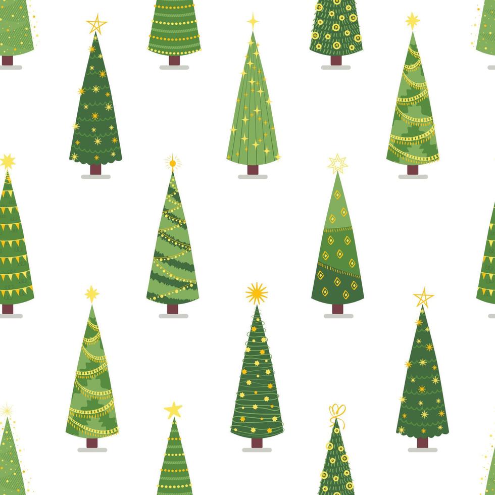 Seamless pattern of cartoon Christmas trees, pines for greeting card, invitation, banner, web, packaging. New Year and Christmas tree traditional symbol with garlands, light bulb, star. vector