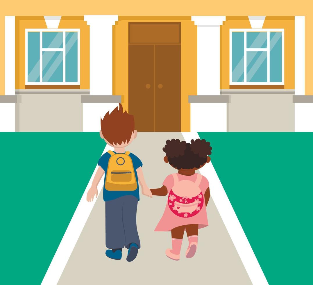 hermano y hermana niño y niña van a la escuela de la mano juntos. vista trasera, primer plano. De vuelta a la escuela. educación de los niños. una puerta. vector