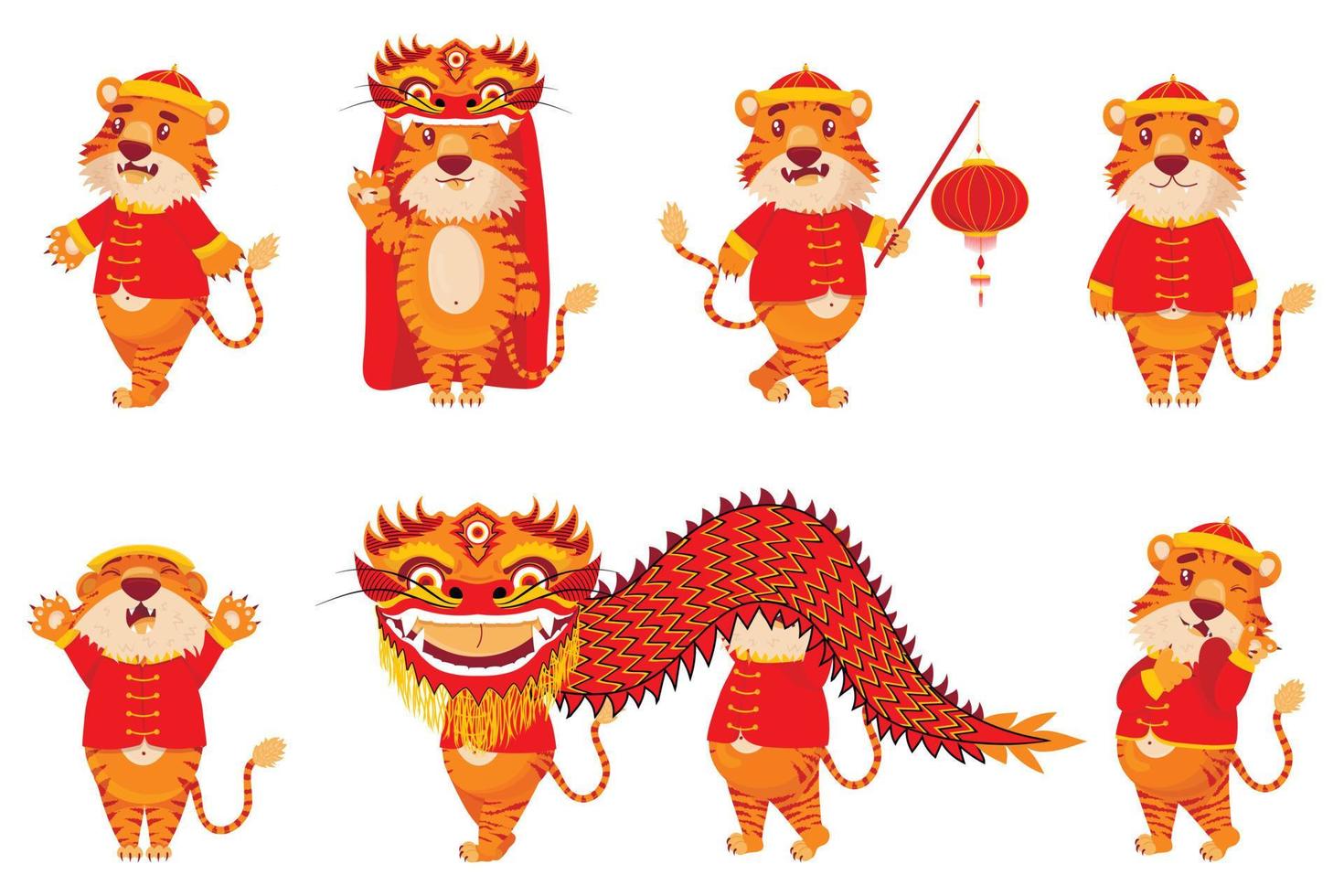 Set of red Chinese tigers in New Year's costumes with lanterns and dragons in cartoon style. Symbol 2022 vector