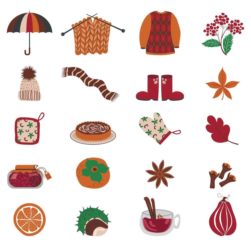 Set of autumn things, seasonal food and drinks vector